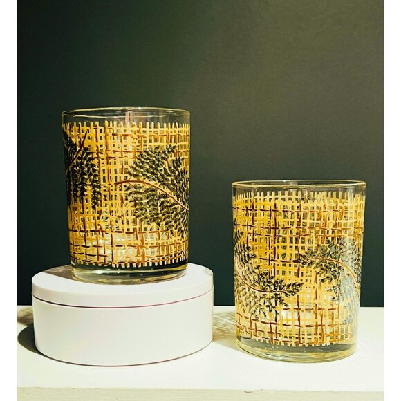 Vintage MCM Gold Lattice Fern Glasses|2 Highball Tumblers|1960s MCM Barware - Picture 1 of 3